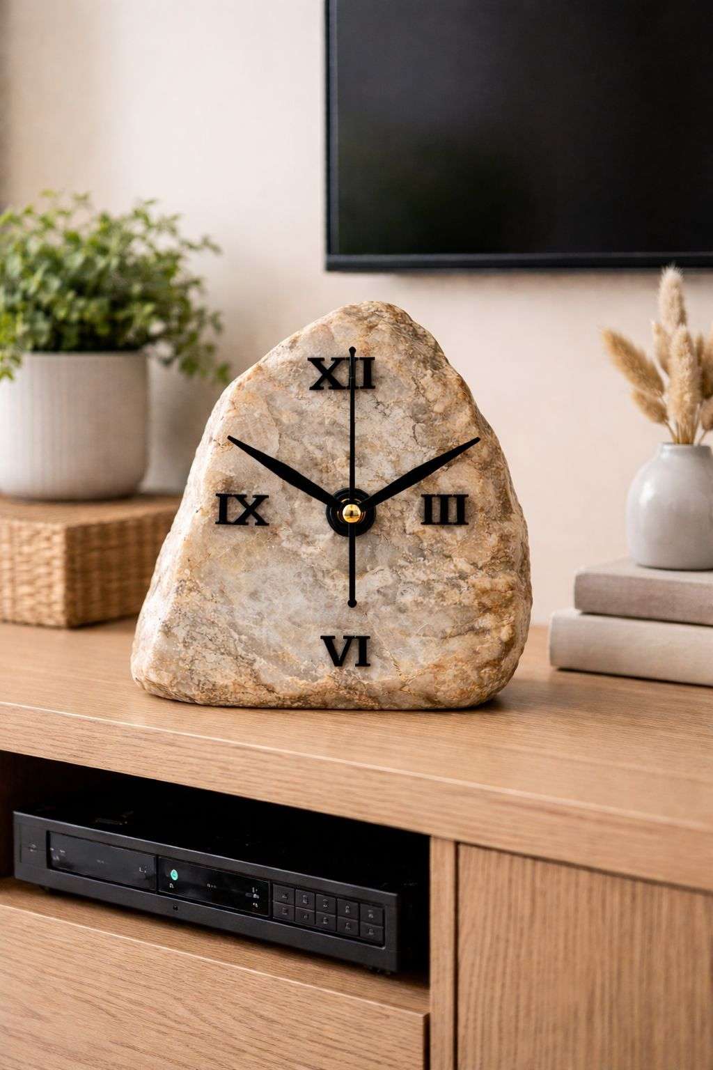 White & mud coloured soft textured riverstone table clock Ideal For This clock is a standout choice for Wabi-Sabi, Japandi, or Rustic Modern interiors. It pairs beautifully with linen textiles, raw wood surfaces, and neutral-toned ceramics.