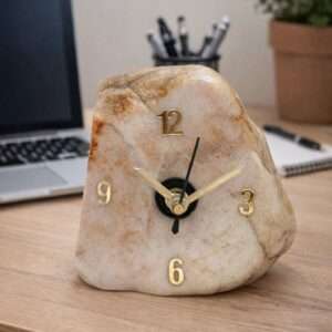 Marble & golden coloured soft textured riverstone table clock